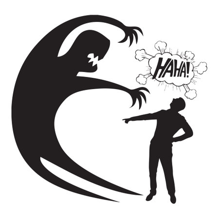 An illustration of fearlessness with a silhouette of a man laughing at his fear.のイラスト素材