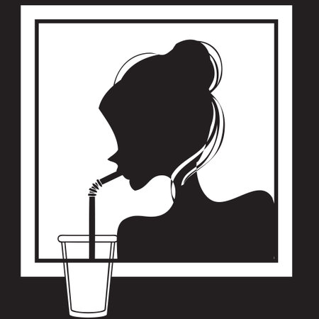 A girl drinks a drink through a straw from a glassのイラスト素材