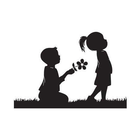 The first love of childhood, a boy gives a flower to a girlのイラスト素材