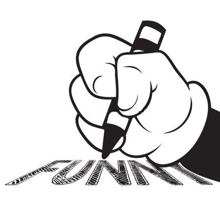 Hand with a pencil over the text funnyのイラスト素材