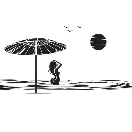 Girl in the water next to an umbrella on the beach - Hot Enough For Yaのイラスト素材