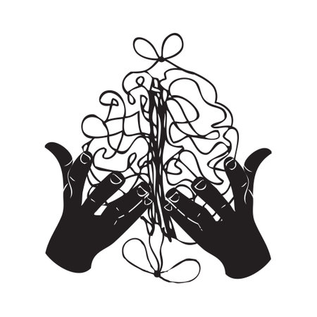 Human brain woven from threads with knots in human handsのイラスト素材