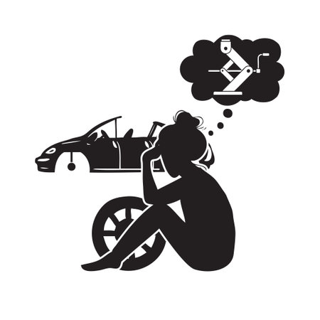 Girl with a wheel in front of the car remembers the jack to change the wheelのイラスト素材