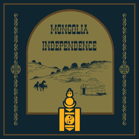 Vector illustration for Mongolia Independence event with Mongolian landscape and ornamentのイラスト素材