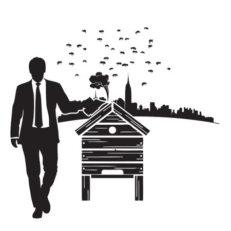 Vector illustration with beekeeper and beehive - Urban Beekeepingのイラスト素材