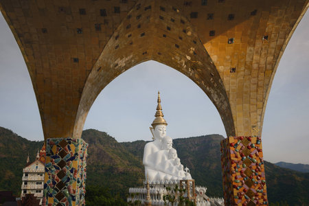 5 sitting Buddhas statue , temple Relics cliff Hide glass . Public religious place in Thailand.の写真素材