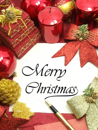 Christmas card with decorative red ornamentsの写真素材