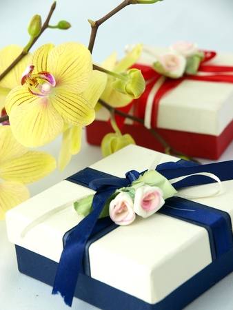 Gift box and bunch of orchidの写真素材