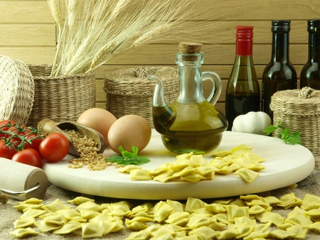 Ravioli pasta and ingredients for cookingの写真素材