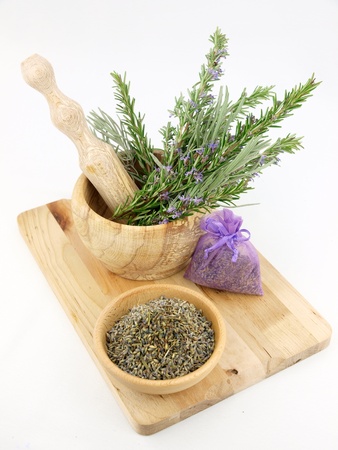 Lavender in wooden mortar with pestleの写真素材