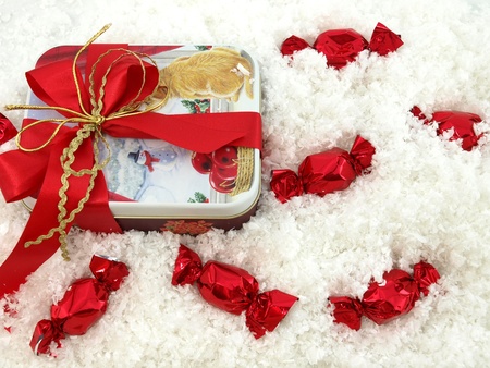 Christmas chocolate gift over the snowの写真素材