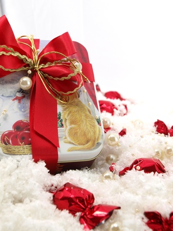 Christmas chocolate gift over the snowの写真素材