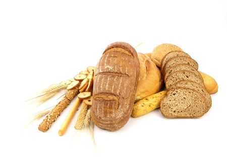Various types of bread and other wheat products isolated on white backgroundの写真素材