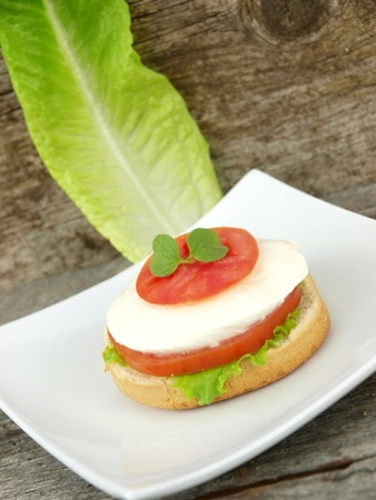 Mozzarella cheese and tomato on breadの写真素材