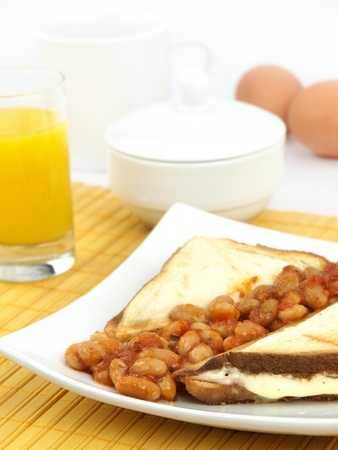 Close up of a plate of baked beans on toastの写真素材