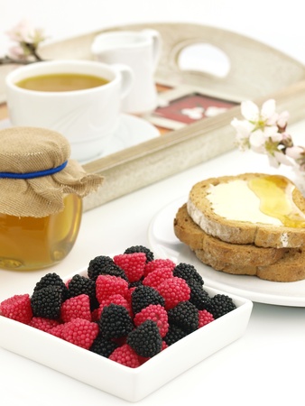  Blackberry and raspberry, with a breakfast set backgroundの写真素材