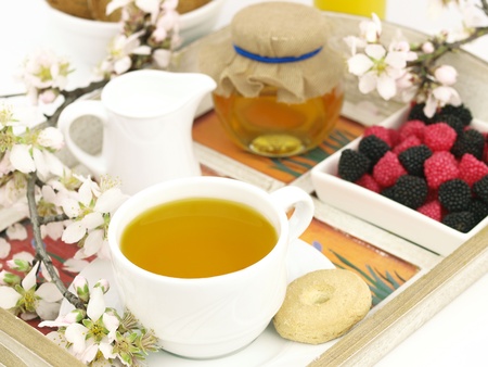 Healthy breakfast set on a wooden trayの写真素材