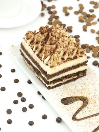 Tiramisu dessert on a white plateの写真素材