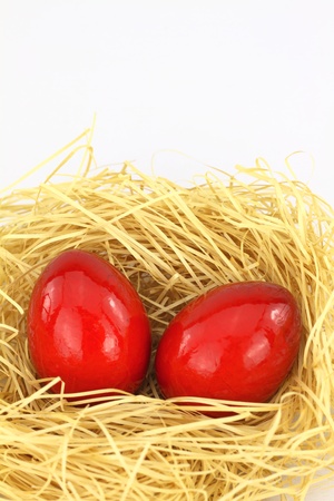 Red eastern eggs in the nest over white background の写真素材