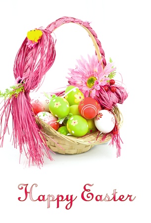 Colorful Easter eggs in a basket の写真素材