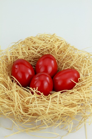 Red easter eggs in the nest over white backgroundの写真素材