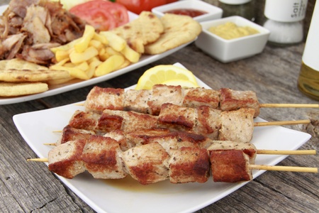Plate of traditional Greek skewer (souvlaki)の写真素材
