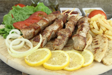 Plate of traditional Greek skewer (souvlaki) の写真素材