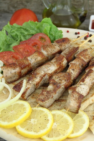 Plate of traditional Greek skewer (souvlaki) の写真素材