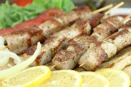 Plate of traditional Greek skewer (souvlaki) の写真素材