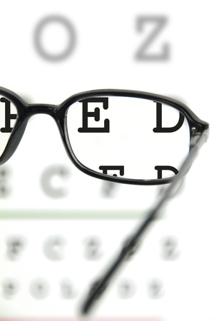 Black spectacles on an eye chartの写真素材