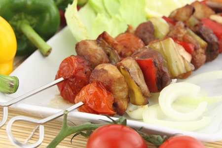 Grilled meat and vegetable skewerの写真素材