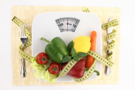 Vegetables with measuring tape on a plate as weight scale