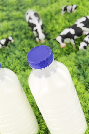 Bottles of milk with a farm on backgroundの写真素材