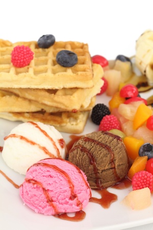  Waffles with ice cream and fruitsの写真素材