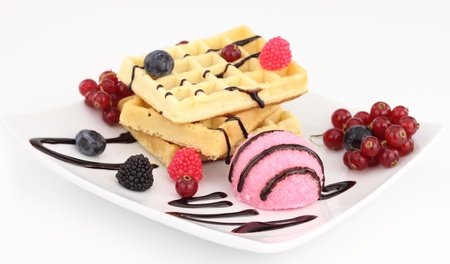 Waffles with strawberry ice creamの写真素材