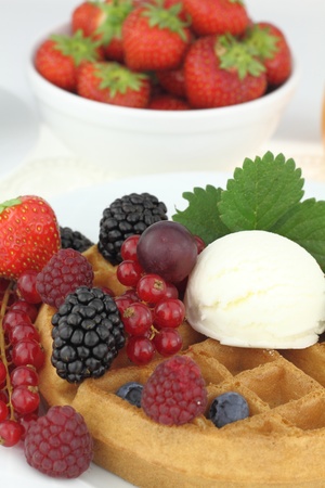 Waffle with vanilla ice creamの写真素材