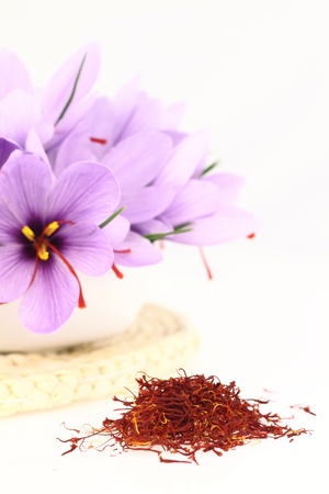 Dried saffron spice and Saffron flowersの写真素材