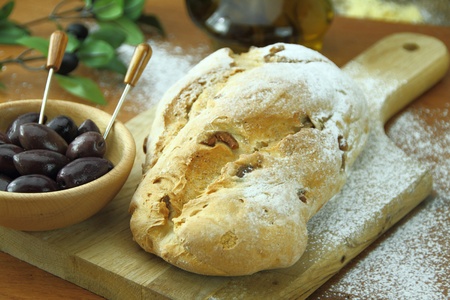 Olive bread and fresh olivesの写真素材