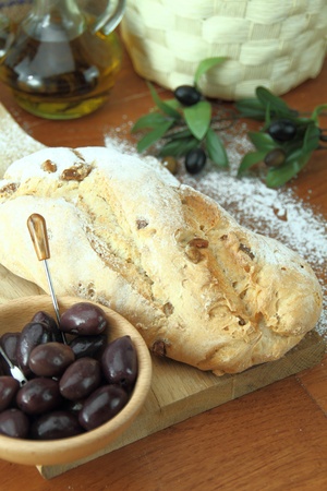 Olive bread and fresh olivesの写真素材