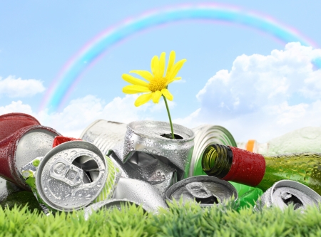Garbage with growing daisy under rainbowの写真素材