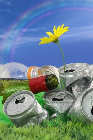 Garbage with growing daisy under rainbowの写真素材