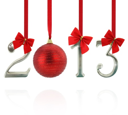 2013 calendar ornaments hanging on red ribbons