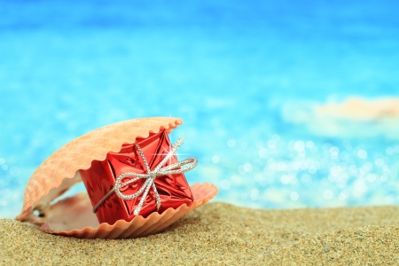 Gift box in a sea shell on the beachの写真素材