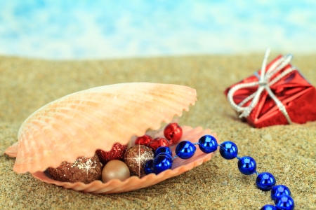Christmas ornaments in a sea shell on the beach の写真素材