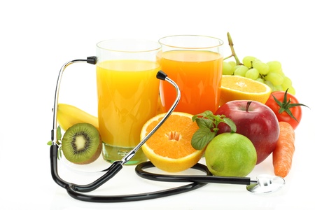 Healthy eating. Fruits, vegetables, juice and stethoscope