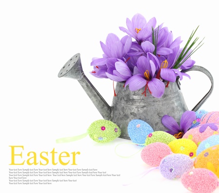 Easter eggs and saffron flowers in a watering canの写真素材