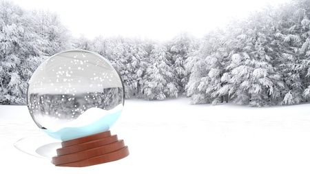 Christmas snow globe on snowy field の写真素材