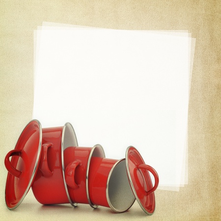 Recipe card. Group of kitchenware on fabric textureの写真素材