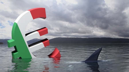 Euro symbol with Italy flag sinking in the waterの写真素材