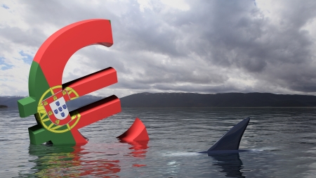 Euro symbol with Portugal flag sinking in the waterの写真素材